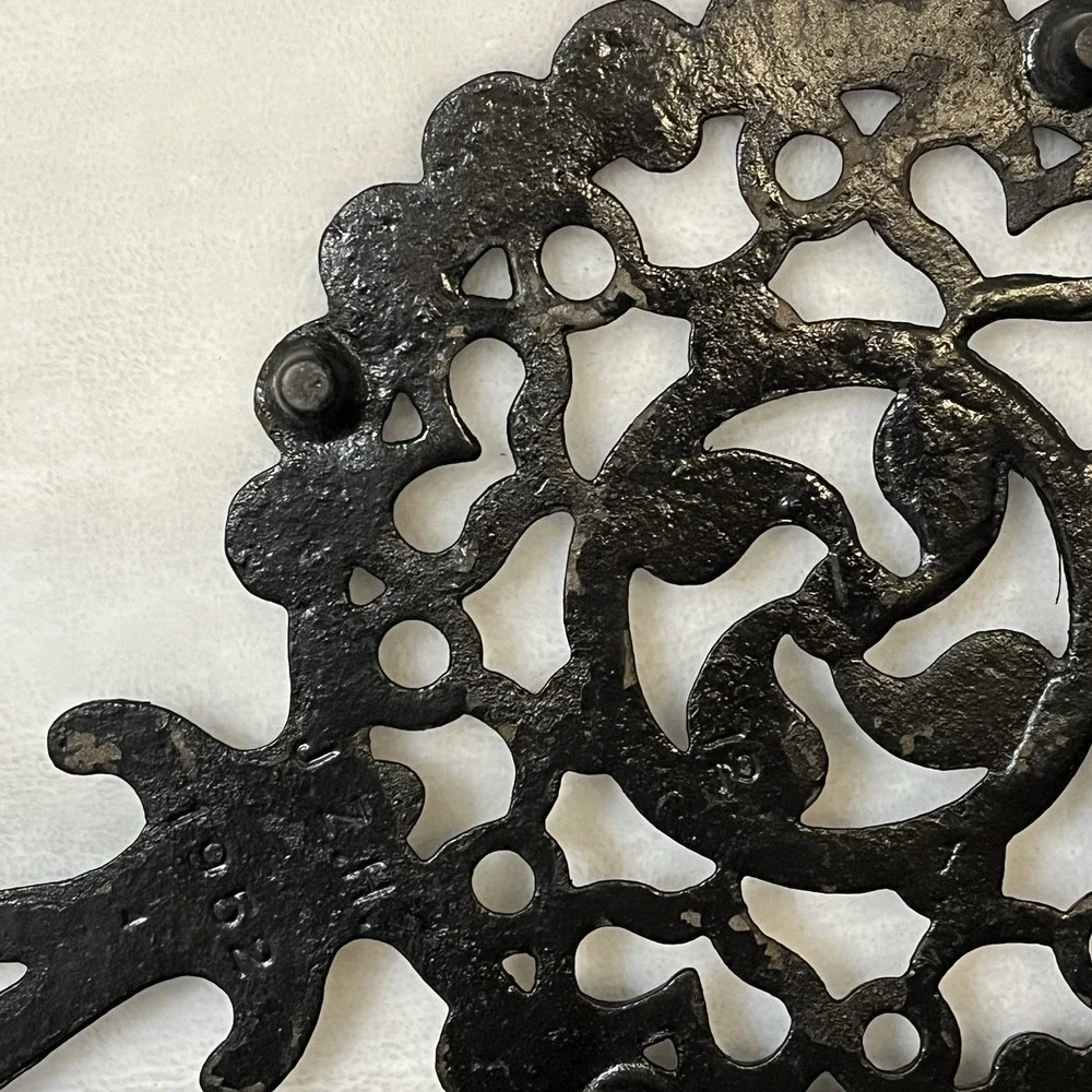 Vintage Cast Iron Trivet Footed 1952 JHZ Fan Hearts Scalloped Design